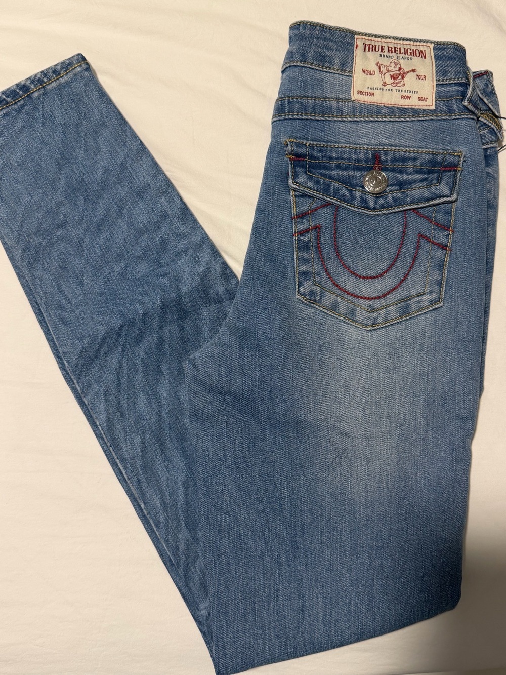 True Religion Women's Light Wash Skinny Jeans with Signature Pocket Stitch